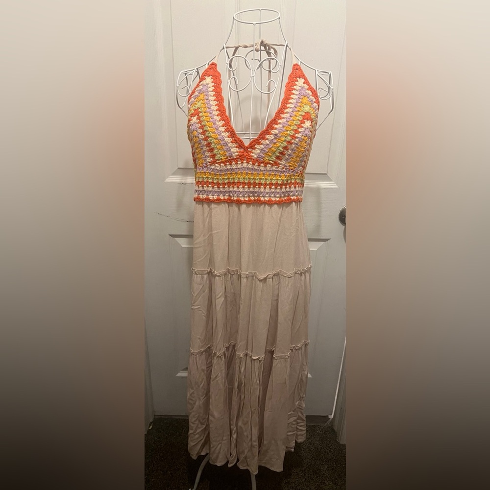 NWT colorful Crochet Halter Dress BROWN Sz Large